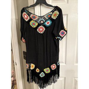 primark crochet black multicolour popover Cover Up poncho top Mediu bnwt fringed